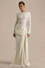 Beau | Ecru Lace Embellished Crew-Neck Maxi Dress With Draped Detail