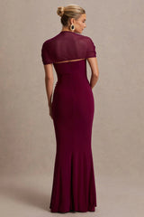 Dome | Burgundy Square-Neck Mesh-Sleeve Maternity Maxi Dress