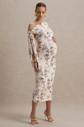 Katarine | Peach Floral Print Asymmetric Knot Maternity Midi Dress