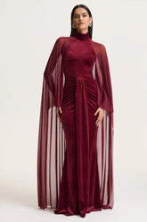 Adoring | Burgundy Velvet High-Neck Maxi Dress With Cape