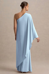 Waves | Powder Blue Asymmetric Maternity Maxi Dress With One-Sleeve Cape