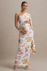 Aliana | Peach And Lilac Floral Print Asymmetric Maternity Maxi Dress With Ruched Detailing