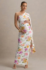 Aliana | Peach And Lilac Floral Print Asymmetric Maternity Maxi Dress With Ruched Detailing