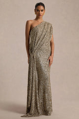 Liori | Champagne Sequin Asymmetric-Neck Maxi Dress With Sash