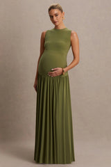 Outline | Olive High-Neck Maternity Maxi Dress With Draped Skirt