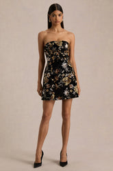 Valeri | Black Velvet Bandeau Mini Dress With Bronze Floral Sequin
