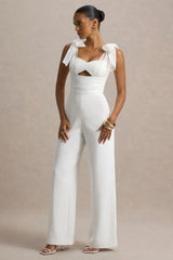 Claudelle | White Flared-Leg Jumpsuit With Organza Bow Straps
