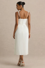 Agua | Cream Satin Sweetheart Midi Dress With Pleated Skirt