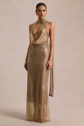 Anele | Gold Sequin High-Neck Maxi Dress With Sash And Open-Back