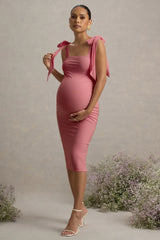 Linnie | Pink Square-Neck Maternity Midi Dress With Bow Straps