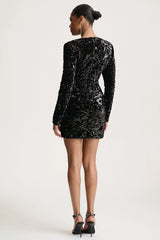 Ritz | Black Sequin Plunge-Neck Mini Dress With Long Sleeves