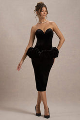 Sarifa | Black Velvet Strapless Corset Midi Dress With Ruffle Peplum