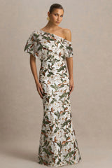 Iony | White And Green Sequin Floral And Mesh Asymmetric-Neck Maxi Dress