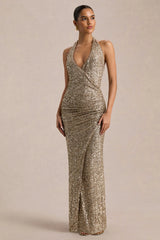Gio | Champagne Sequin Plunge-Neck Wrap Maxi Dress With Ruched Detailing