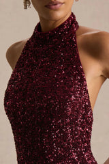 Tulia | Burgundy Sequin High-Neck Maxi Dress