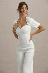 Simone | White Sweetheart Short-Sleeve Wide-Leg Jumpsuit