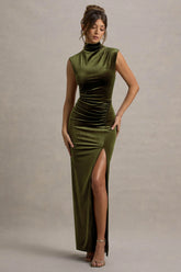 Abilene | Olive Velvet High-Neck Split Maxi Dress