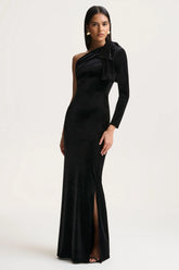 Farryn | Black Asymmetric-Neck Maxi Dress With Bow Detail