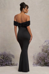 Inflorescence | Black Mesh Floral Bardot Maternity Maxi Dress