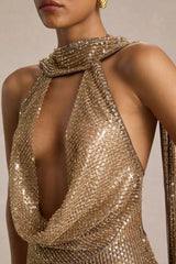 Anele | Gold Sequin High-Neck Maxi Dress With Sash And Open-Back
