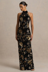 Tate | Black Velvet Halter-Neck Maxi Dress With Bronze Floral Sequin