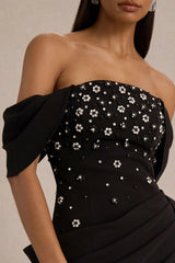 Sylvia | Black Hand-Embellished Bardot-Neck Midi Dress With Draped Satin-Wrap Skirt