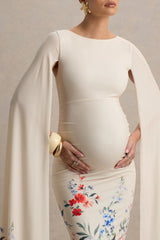 Providence | Light Pink Floral Print Boat-Neck Maternity Midi Dress With Cape Sleeves