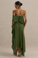 Tiara | Green Asymmetric Midi Dress With Draping Detailing and Open-Back