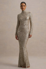 Galaxy | Champagne Sequin Turtle-Neck Long-Sleeve Maxi Dress