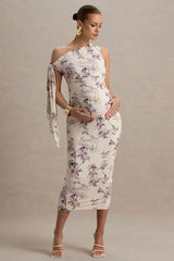 Katarine | Peach Floral Print Asymmetric Knot Maternity Midi Dress