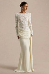 Beau | Ecru Lace Embellished Crew-Neck Maxi Dress With Draped Detail
