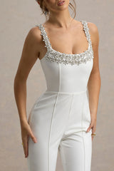 Amadi | White Embellished Strappy Flared-Leg Jumpsuit