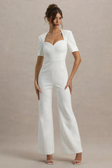 Simone | White Sweetheart Short-Sleeve Wide-Leg Jumpsuit
