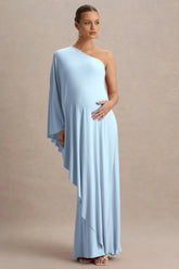 Waves | Powder Blue Asymmetric Maternity Maxi Dress With One-Sleeve Cape