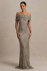 Melina | Champagne Sequin Bardot-Neck Maxi Dress