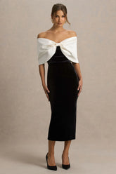 Twilight | Black And White Velvet Bardot-Neck Midi Dress With Oversized Bow