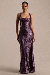 High Life | Plum Sequin Square-Neck Maxi Dress With Front-High Split