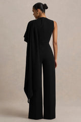 Sorenia | Black High-Neck Jumpsuit With One-Cape Sleeve