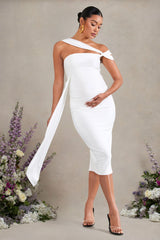 Just Wait | White Asymmetric Strappy Maternity Midi Dress With Drape