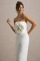 Opia | White Bandeau Wide-Leg Jumpsuit With Large Floral Corsage