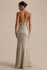 Tulia | Champagne Sequin High-Neck Maxi Dress