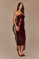 Cassia Strapless Sequin Rose Midi Dress - Mahogany