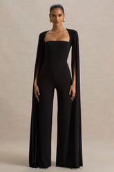 Zara | Black Square-Neck Jumpsuit With Cape Sleeves
