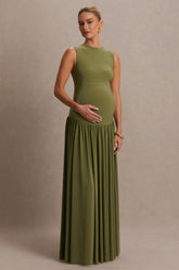 Outline | Olive High-Neck Maternity Maxi Dress With Draped Skirt