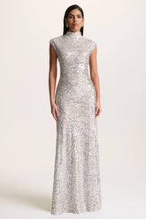 Cecy | Silver Sequin High-Neck Maxi Dress With Cap Sleeves