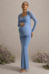 Abeam | Powder Blue Maternity Maxi Dress With Sheer Sleeves