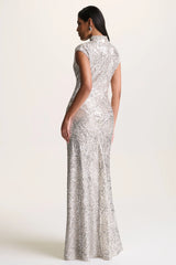 Cecy | Silver Sequin High-Neck Maxi Dress With Cap Sleeves