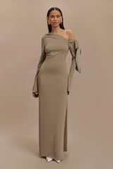 Nicola One Shoulder Crepe Maxi Dress - Mushroom