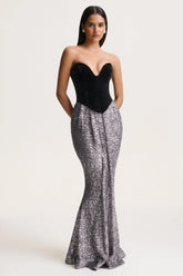 Aeris | Black Velvet And Silver Sequin Plunge-Neck Maxi Dress