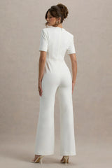 Simone | White Sweetheart Short-Sleeve Wide-Leg Jumpsuit